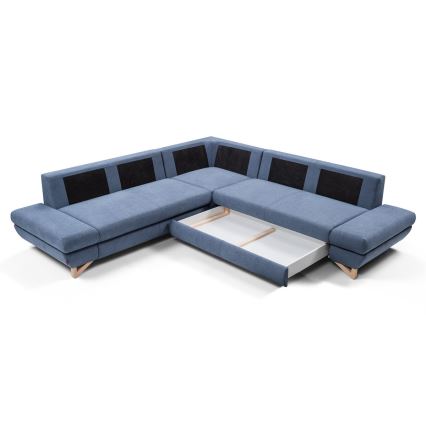 Sofá esquinero convertible tapizado con arcón y función cama en L AVESTA, azul