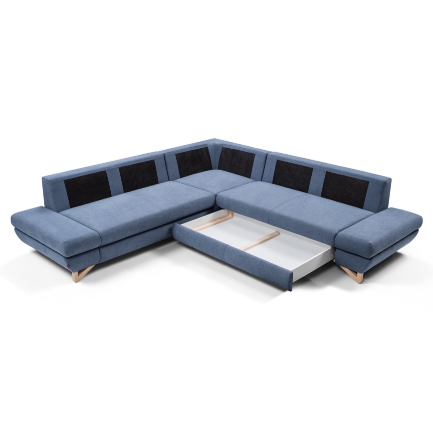 Sofá esquinero convertible tapizado con arcón y función cama en L AVESTA, azul