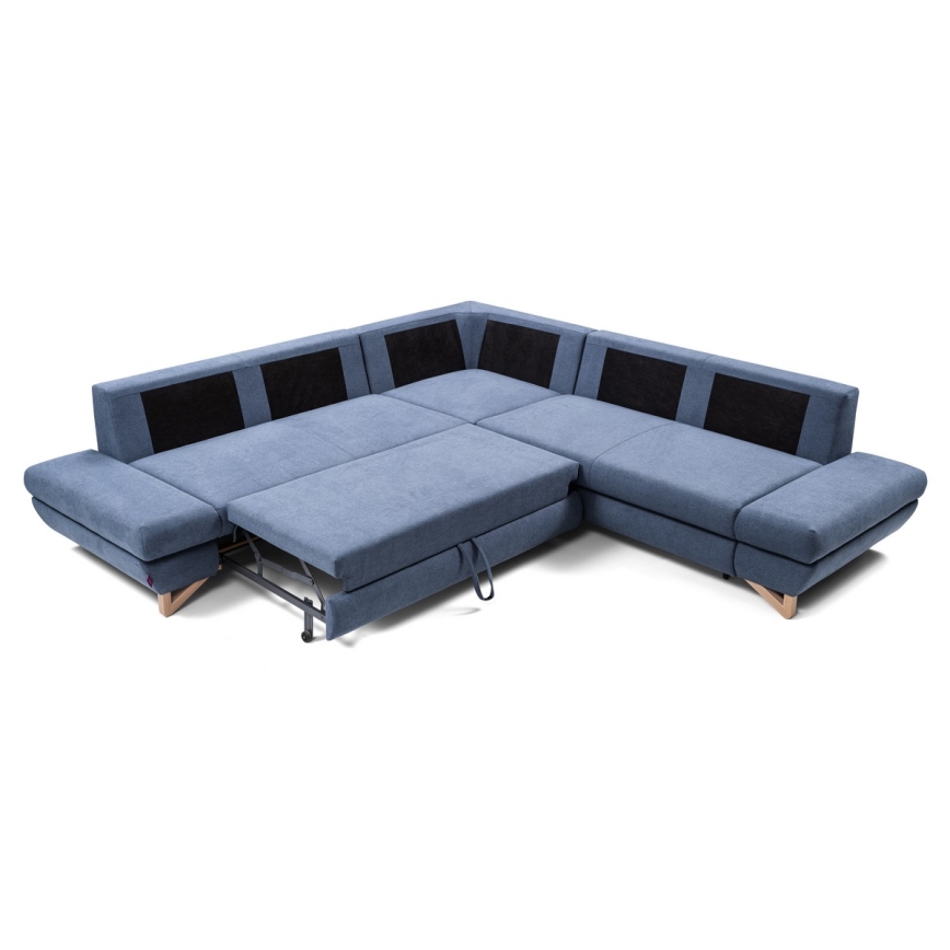 Sofá esquinero convertible tapizado con arcón y función cama en L AVESTA, azul