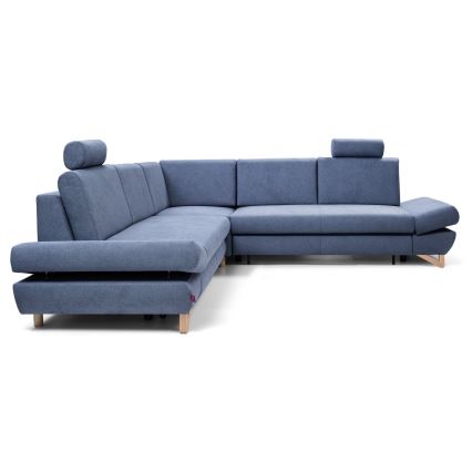 Sofá esquinero convertible tapizado con arcón y función cama en L AVESTA, azul