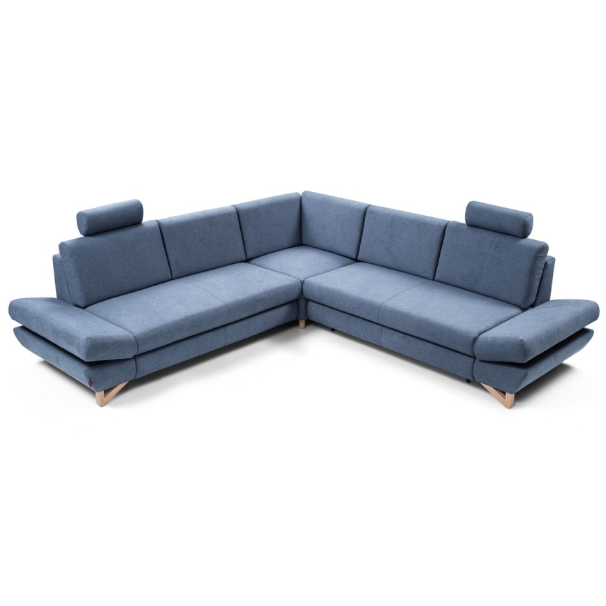 Sofá esquinero convertible tapizado con arcón y función cama en L AVESTA, azul