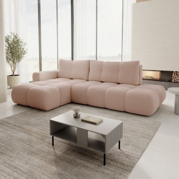 Sofá cama esquinero tapizado con arcón en L ALMADA, orientación izquierda, rosa