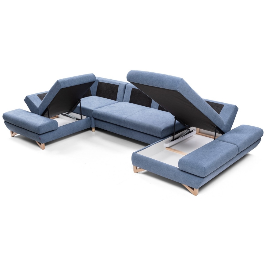 Sofá cama rinconero tapizado en U con arcón de almacenamiento AVESTA, azul