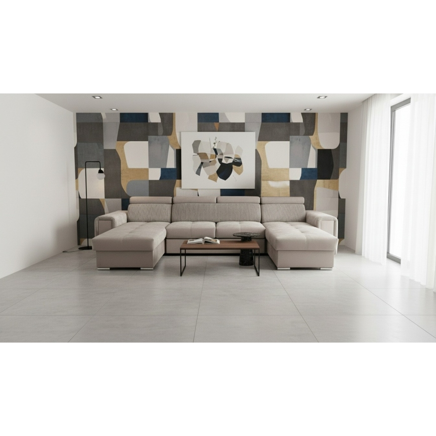 Sofá cama en U con rincón reversible y arcón de almacenamiento SALVADA beige
