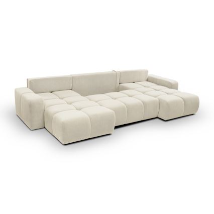 Sofá cama tapizado en U ALMADA con espacio de almacenamiento, beige