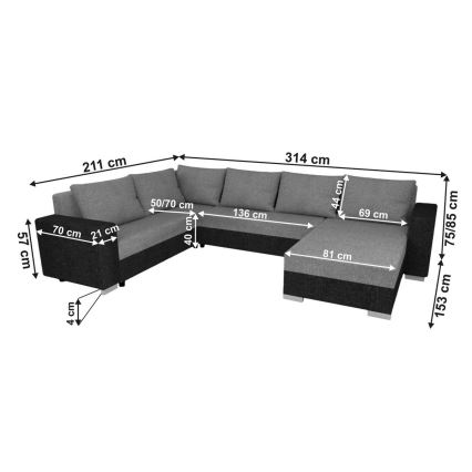 Sofá cama tapizado en U YORK reversible negro/antracita