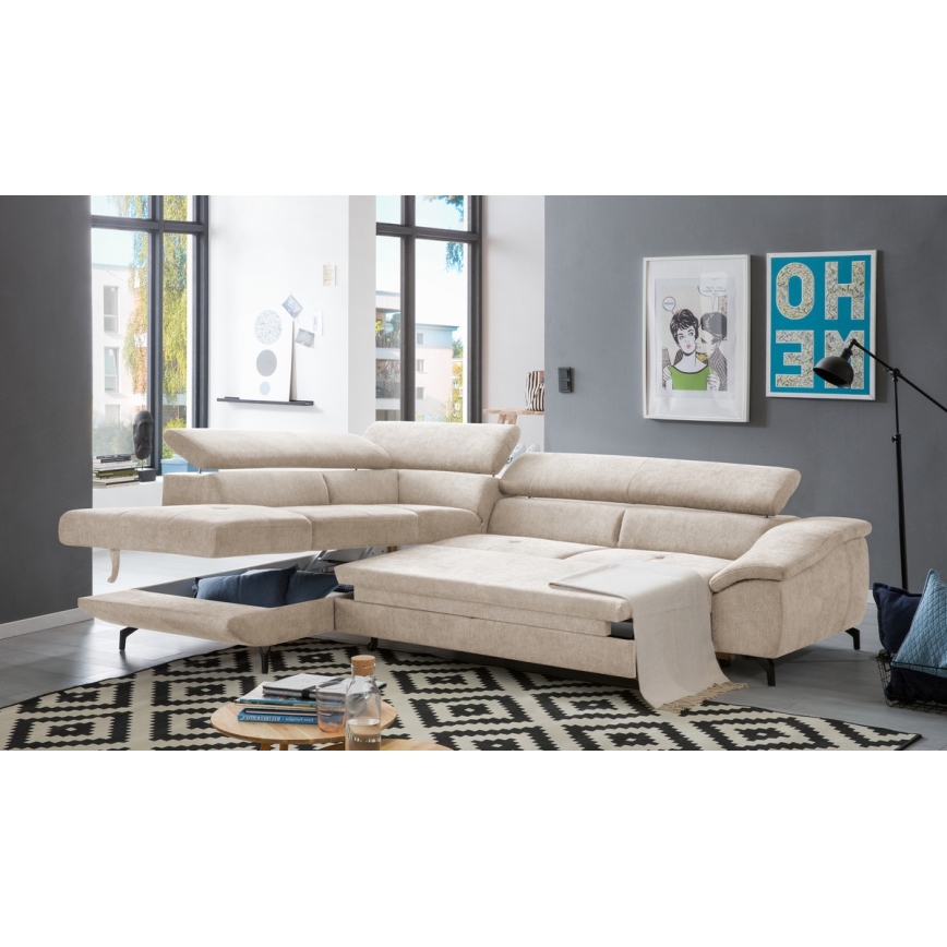 Sofá esquinero cama convertible en L BRESCIA, con espacio de almacenamiento, lado izquierdo, beige