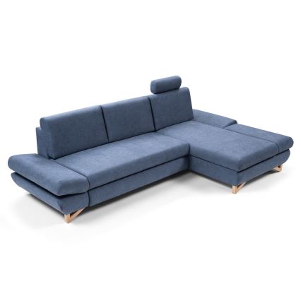 Sofá esquinero tapizado en L, convertible en cama, con arcón de almacenamiento AVESTA, orientación derecha, azul