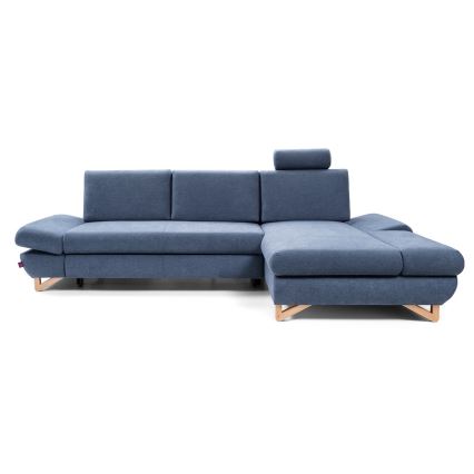 Sofá esquinero tapizado en L, convertible en cama, con arcón de almacenamiento AVESTA, orientación derecha, azul