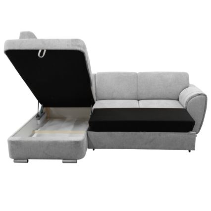 Sofá esquinero con cama abatible en L SERPA, con arcón, lado izquierdo, gris
