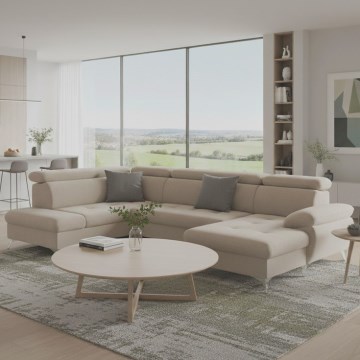 Sofá esquinero extensible en forma de U CATANIA con almacenamiento, lado izquierdo, color beige
