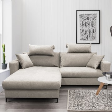 Sofá esquinero izquierdo convertible en cama con arcón de almacenamiento en L HORTA, gris