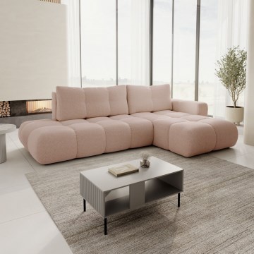 Sofá esquinero tapizado ALMADA en L, convertible en cama, con arcón de almacenaje, orientación derecha, rosa