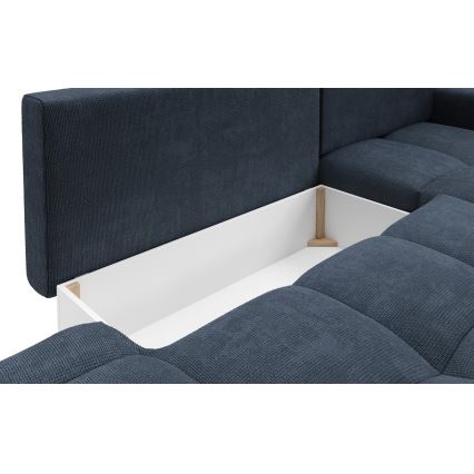 Sofá cama esquinero tapizado en L ALMADA, lado derecho, azul, con arcón de almacenaje