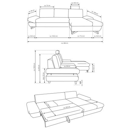 Sofá esquinero cama en L AVESTA, tapizado, con espacio de almacenamiento, orientación derecha, antracita