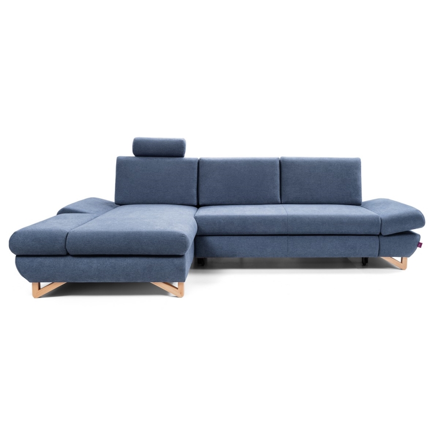Sofá esquinero tapizado convertible en cama con arcón en L AVESTA, izquierdo, azul