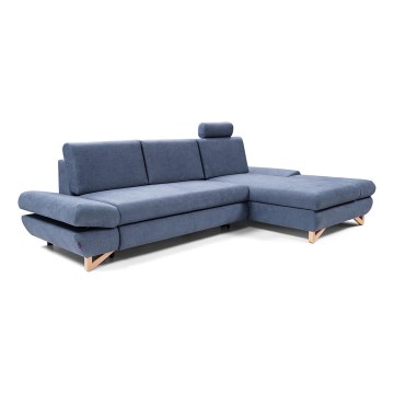 Sofá esquinero tapizado en L, convertible en cama, con arcón de almacenamiento AVESTA, orientación derecha, azul
