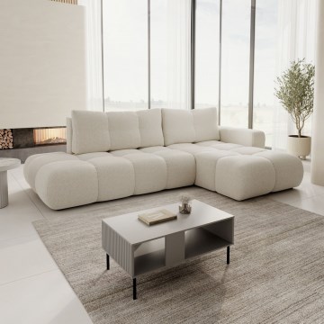 Sofá rinconero tapizado convertible en cama ALMADA en L, con arcón de almacenamiento, orientación derecha, beige claro
