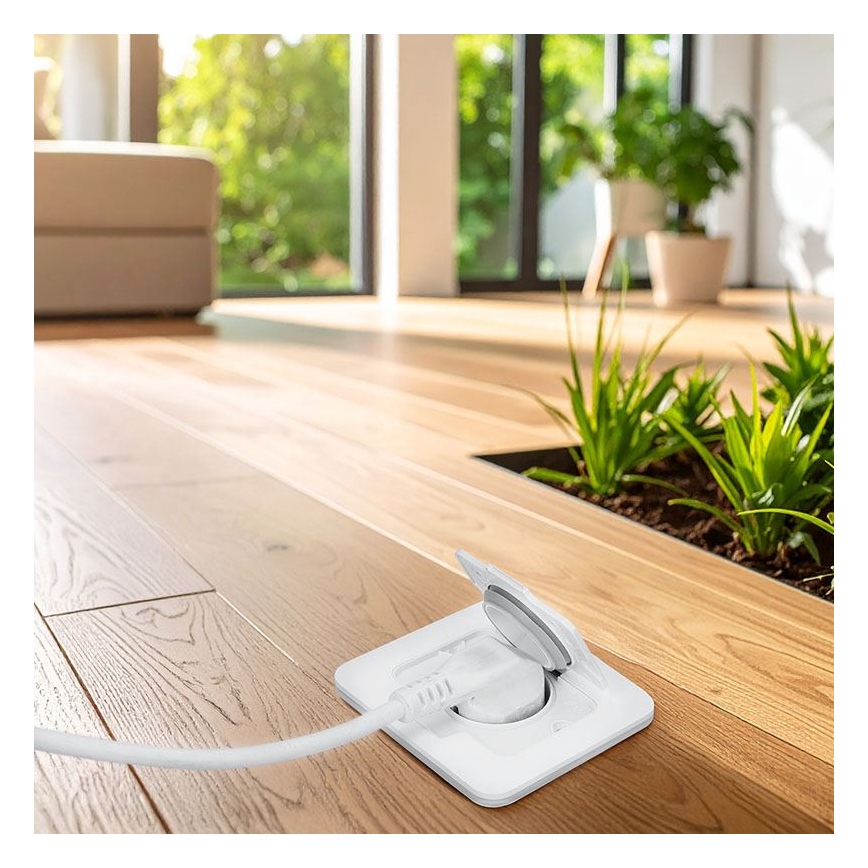 Toma de corriente empotrada en suelo para exterior IP55, blanca, rectangular
