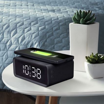 Reloj digital con cargador inalámbrico Qi 230 V / CR2032, negro