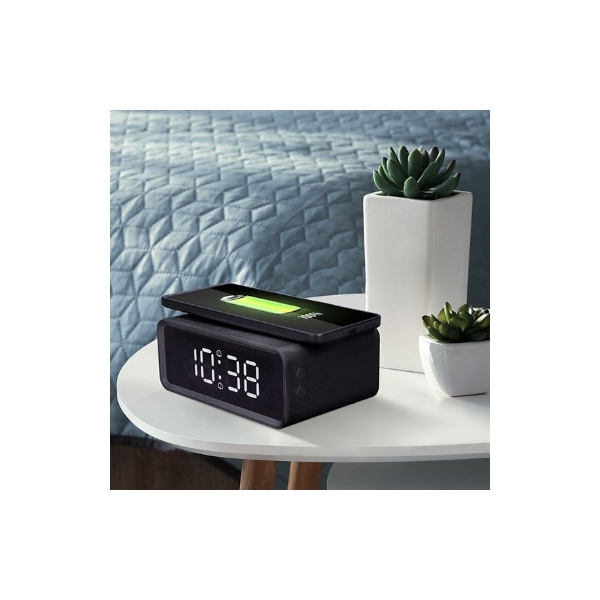 Reloj digital con cargador inalámbrico Qi 230 V / CR2032, negro