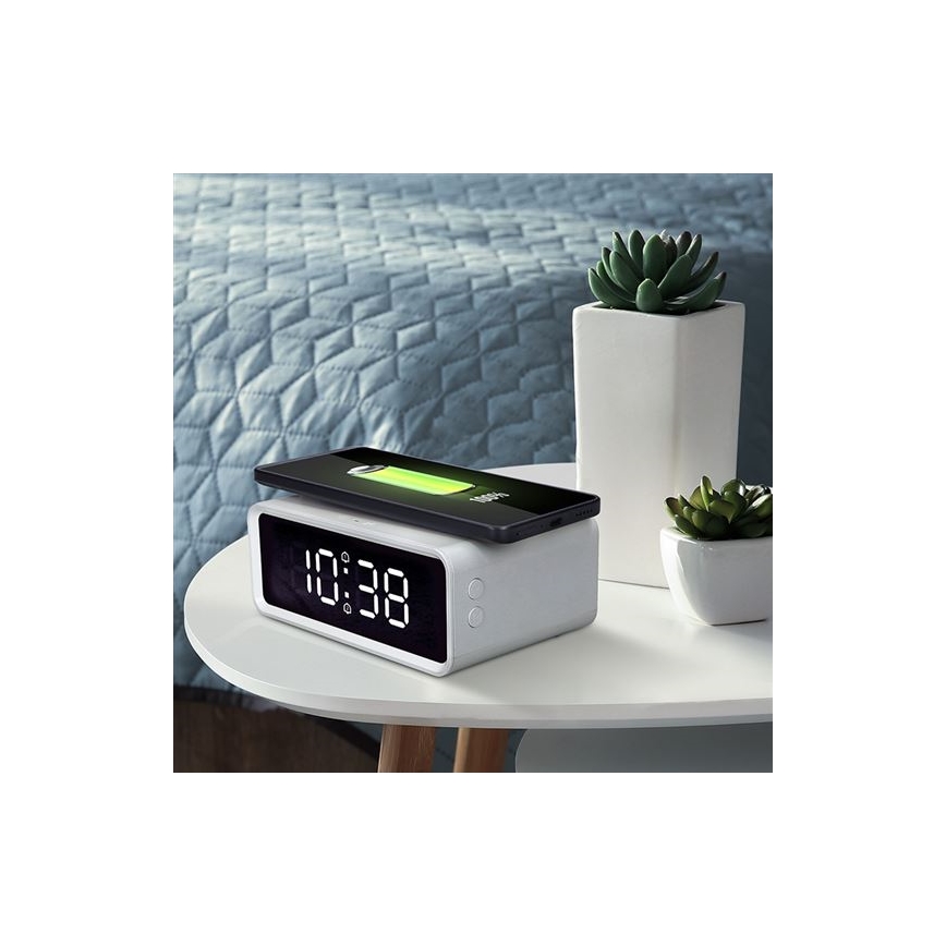 Reloj digital con cargador inalámbrico Qi, 230 V/CR2032, blanco