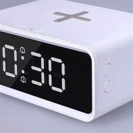 Reloj digital con cargador inalámbrico Qi, 230 V/CR2032, blanco