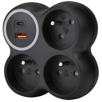 Regleta de enchufes 3x 15 A con puertos USB tipo A y C, negra