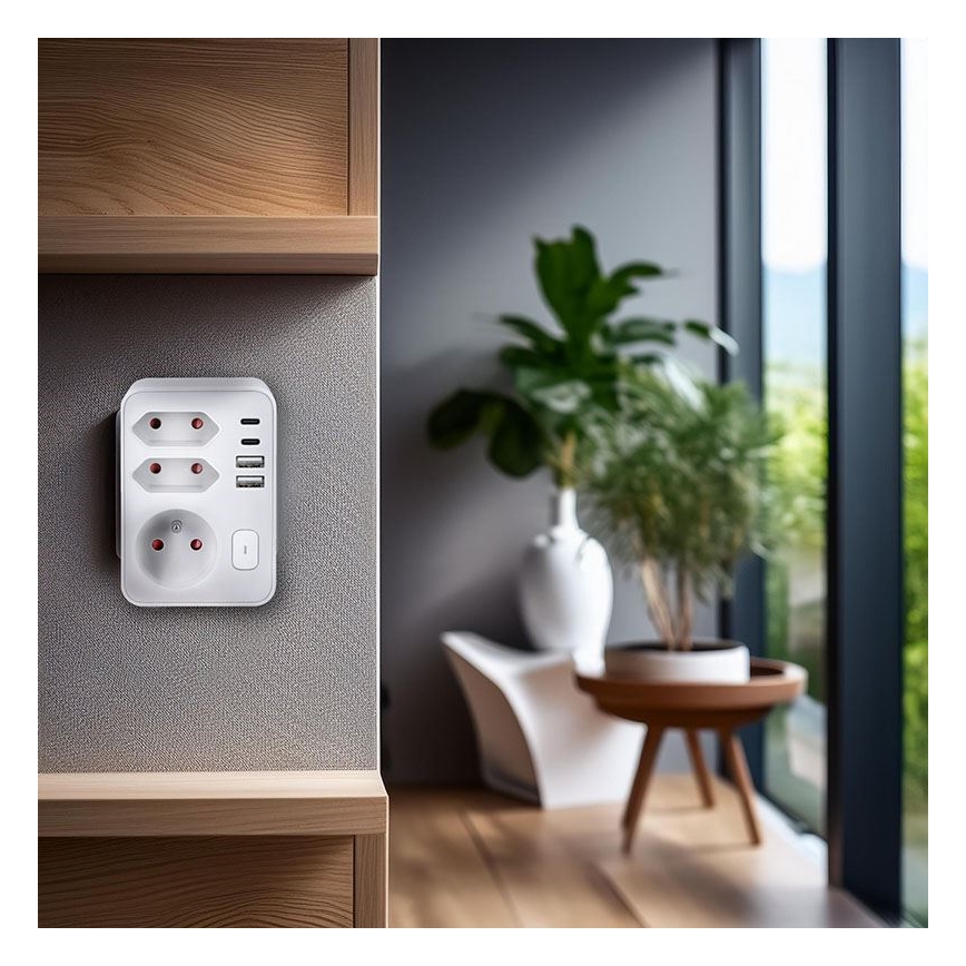 Regleta con 1 toma de 16 A y 2 tomas de 2,5 A, con cargador 2x USB (A y C), blanca