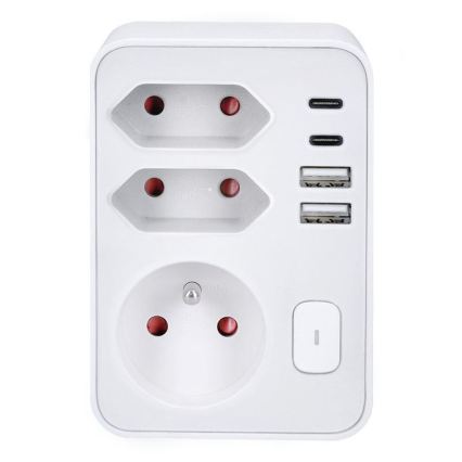 Regleta con 1 toma de 16 A y 2 tomas de 2,5 A, con cargador 2x USB (A y C), blanca