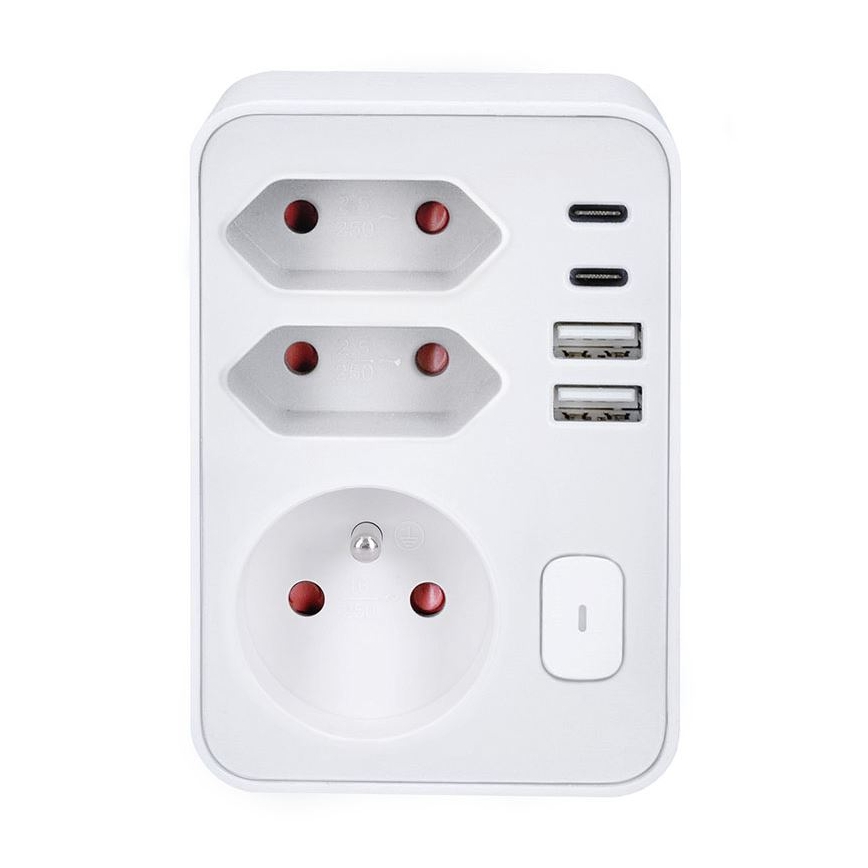 Regleta con 1 toma de 16 A y 2 tomas de 2,5 A, con cargador 2x USB (A y C), blanca