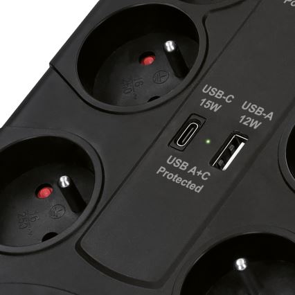 Regleta de 8 tomas Tipo E con interruptor y protección contra sobretensiones + 1x USB-A + 1x USB-C, 2 m, negra