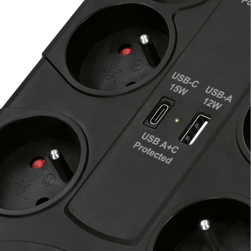 Regleta de 8 tomas Tipo E con interruptor y protección contra sobretensiones + 1x USB-A + 1x USB-C, 2 m, negra