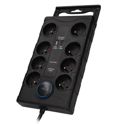Regleta de 8 tomas Tipo E con interruptor y protección contra sobretensiones + 1x USB-A + 1x USB-C, 2 m, negra