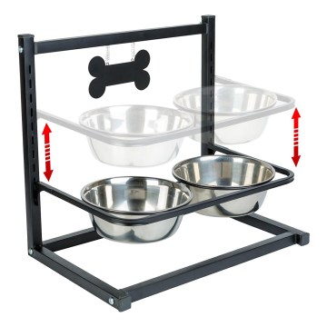 Soporte ajustable en altura con dos cuencos de acero inoxidable