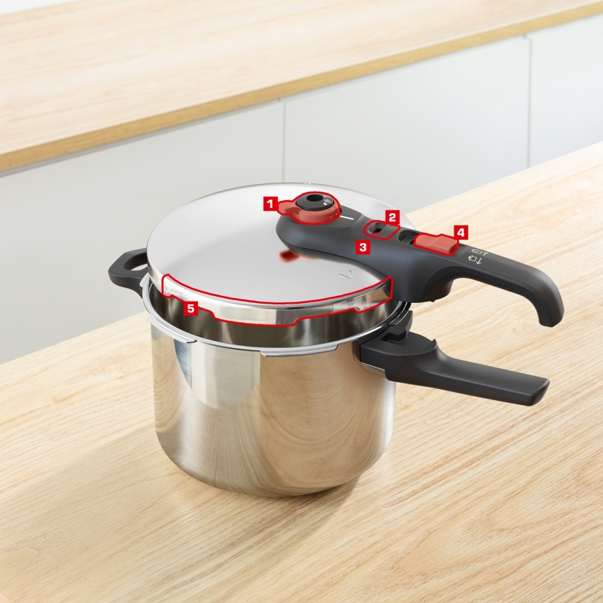 Tefal - Olla a presión 6 l SECURE TRENDY + set de 5 piezas INGENIO EMOTION