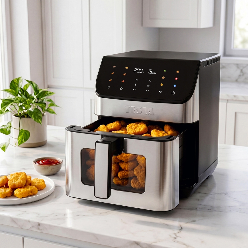 TESLA Electronics AirCook - Freidora de aire 6,5 l, 2100 W/230 V, cromo mate/negro