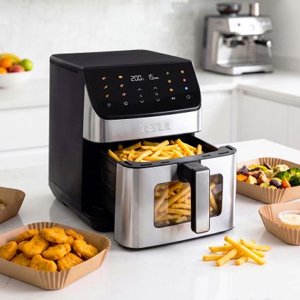 TESLA Electronics AirCook - Freidora de aire 6,5 l, 2100 W/230 V, cromo mate/negro