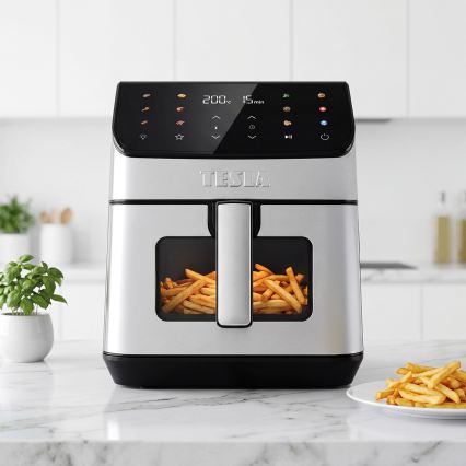 TESLA Electronics AirCook - Freidora de aire 6,5 l, 2100 W/230 V, cromo mate/negro