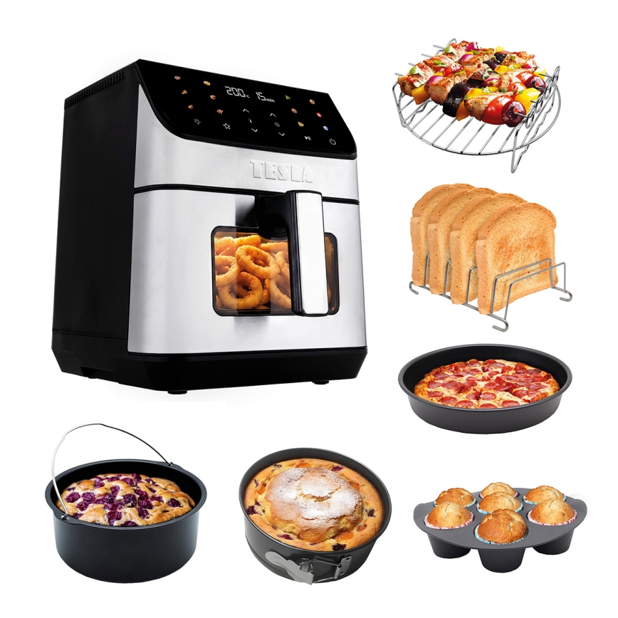 TESLA Electronics AirCook - Freidora de aire 6,5 l, 2100 W/230 V, cromo mate/negro