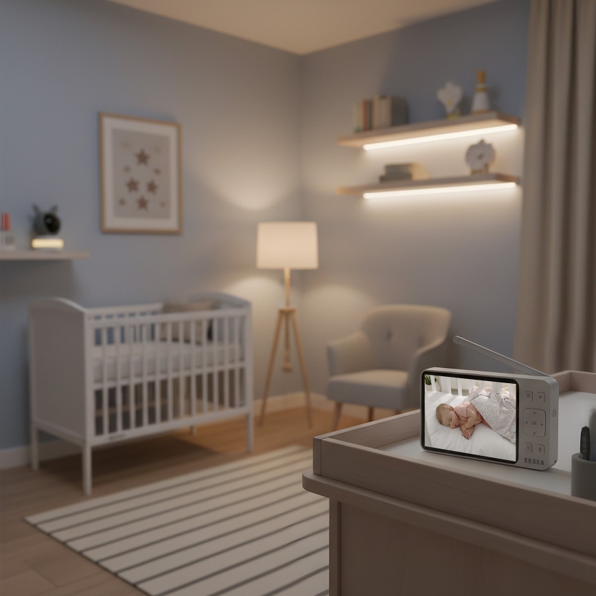 TESLA Electronics Bambino - Vigilabebés inteligente con pantalla 4 MP 2560p 5V 5000 mAh Wi-Fi Tuya gris/blanco