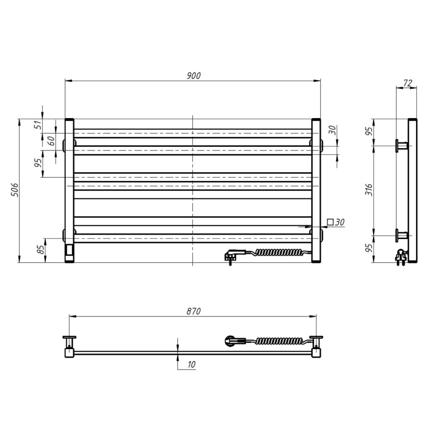 Toallero eléctrico con termostato AVANGARD 181 W 50x90 cm, blanco, con conexión a la derecha