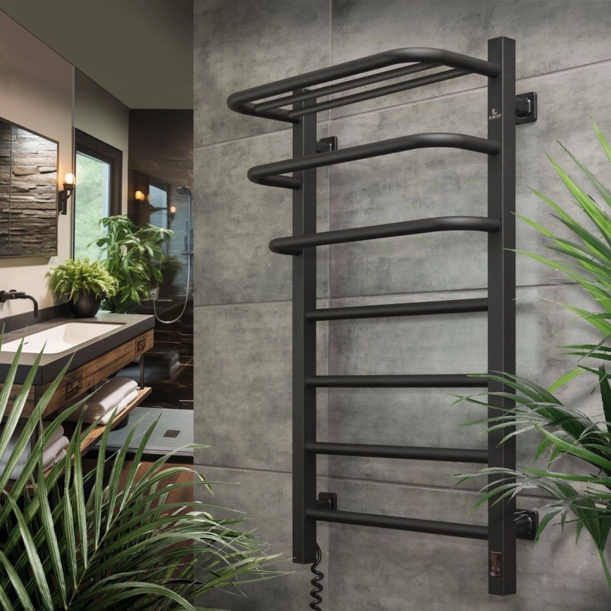 Toallero eléctrico con termostato FORTIS, 155 W, 80 x 48 cm, negro, versión izquierda