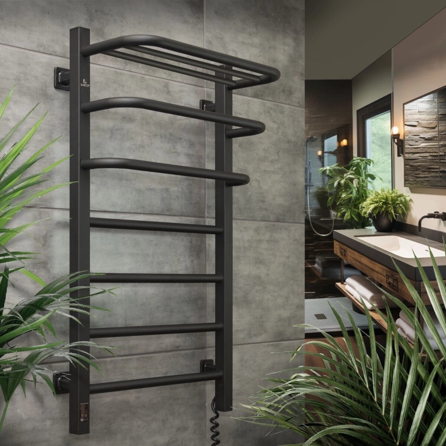 Toallero eléctrico con termostato FORTIS 155W 80x48 cm, negro, conexión derecha
