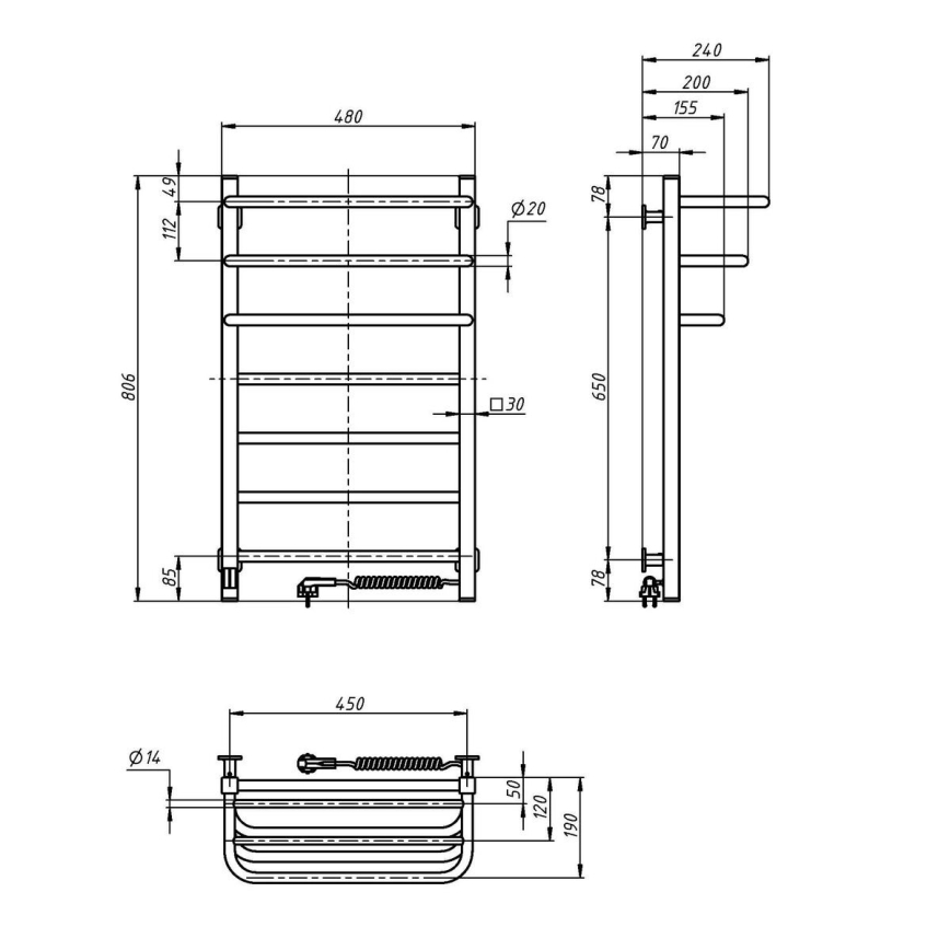 Toallero eléctrico con termostato FORTIS 155W 80x48 cm, negro, conexión derecha