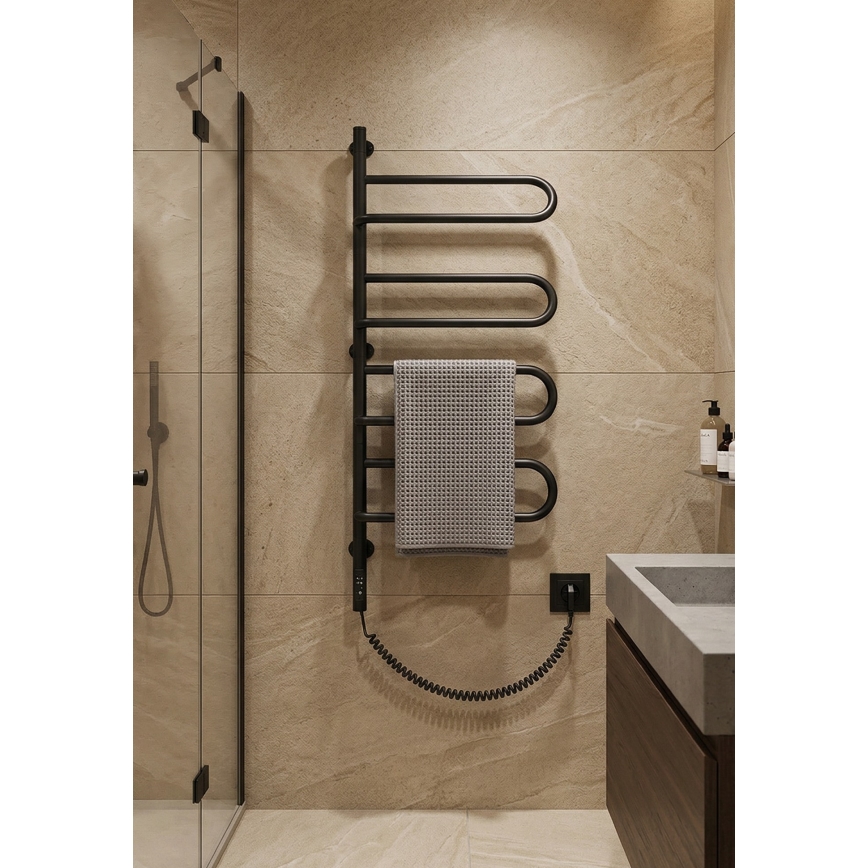 Toallero eléctrico giratorio ELECTRA 120W/230V 102,5x47,5 cm acero inoxidable/negro izquierdo