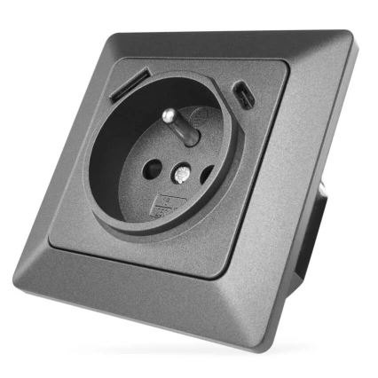 Toma de corriente doméstica FRENCH con USB‑A y USB‑C, 250V/16A, antracita