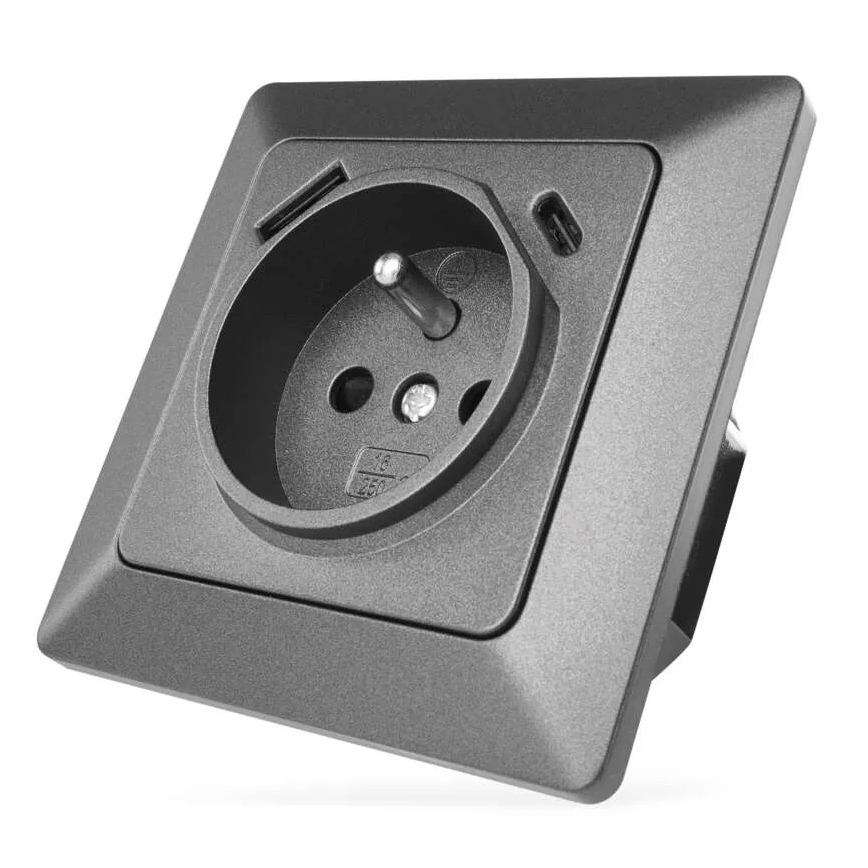 Toma de corriente doméstica FRENCH con USB‑A y USB‑C, 250V/16A, antracita