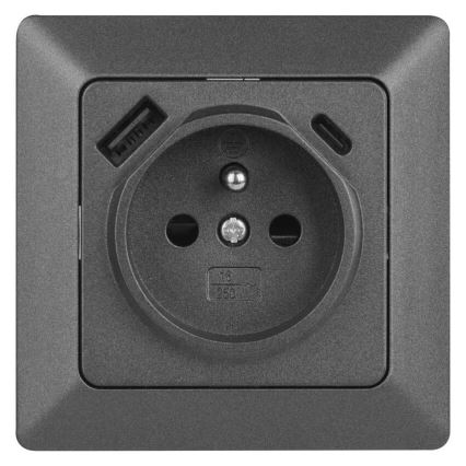 Toma de corriente doméstica FRENCH con USB‑A y USB‑C, 250V/16A, antracita