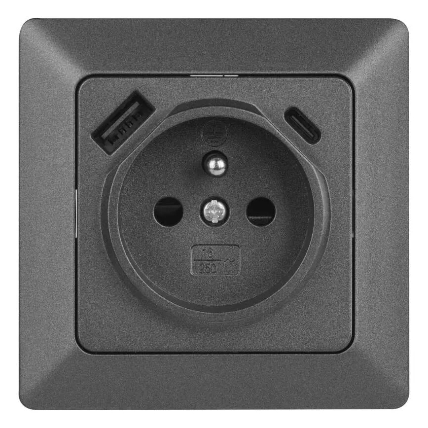 Toma de corriente doméstica FRENCH con USB‑A y USB‑C, 250V/16A, antracita